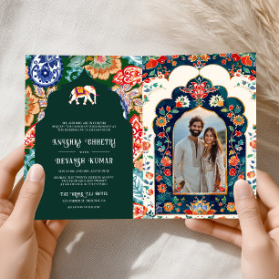 Invitación Elefante Arte Popular Indio Verde Esmeralda Boda