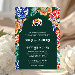 Invitación Elefante Arte Popular Indio Verde Esmeralda Boda