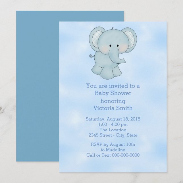 Invitación Elefante azul bebé Baby Shower (Anverso / Reverso)