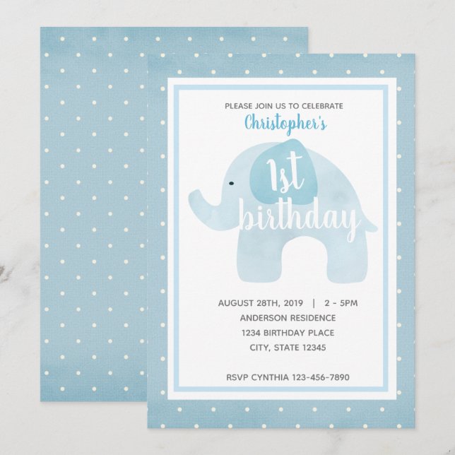 Invitación Elefante azul color agua Primer cumpleaños (Anverso / Reverso)