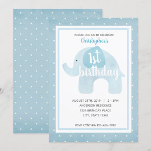 Invitación Elefante azul color agua Primer cumpleaños