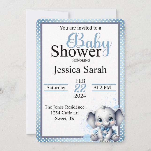 Invitación Elefante Azul Cute - Maní Pequeño (Anverso)