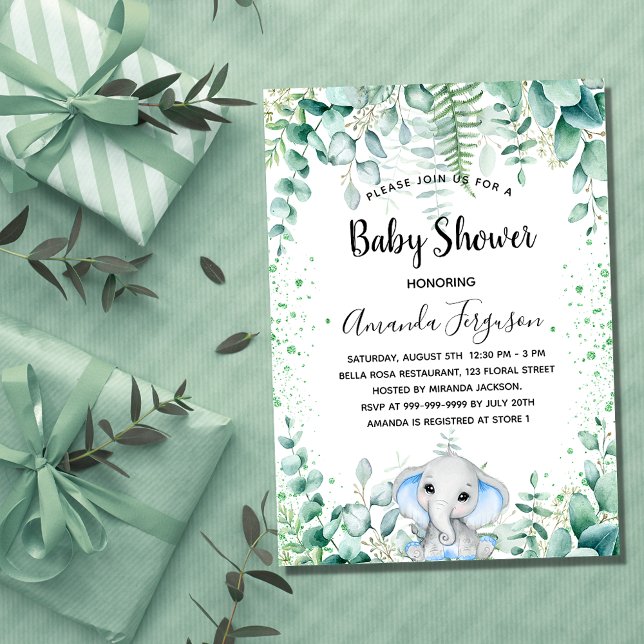 Invitación elefante azul de Baby Shower eucalipto vegetación (Subido por el creador)
