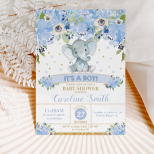 Invitación Elefante Azul Floral Baby Shower Niño