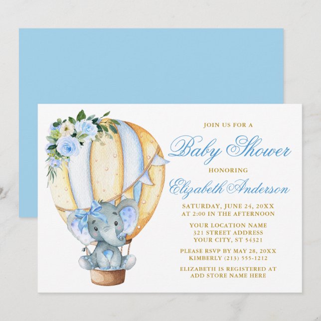 Invitación Elefante azul floral de globo azul Bow Baby Shower (Anverso / Reverso)