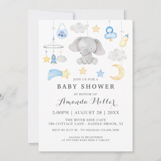 Invitación Elefante azul niño bebé juguetes Baby Shower acuar (Anverso)