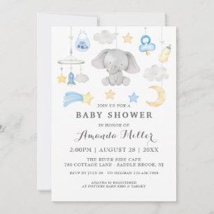 Invitación Elefante azul niño bebé juguetes Baby Shower acuar