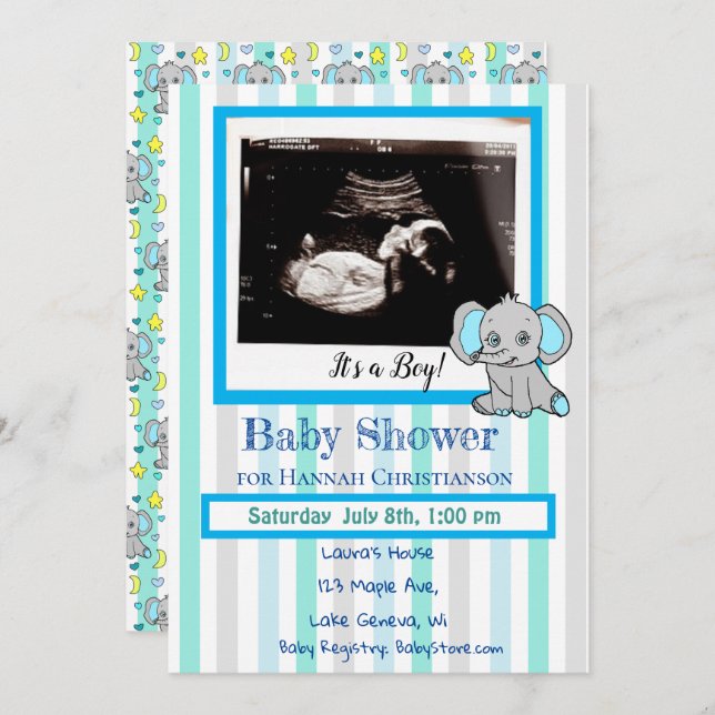 Invitación Elefante Azul Niño Niño Ultrasonido Baby Shower (Anverso / Reverso)