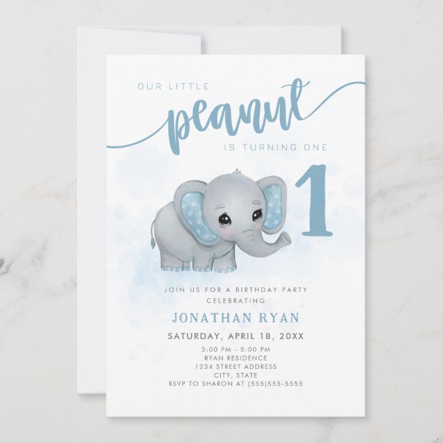 Invitación Elefante azul nuestro cacahuete primer cumpleaños (Anverso)