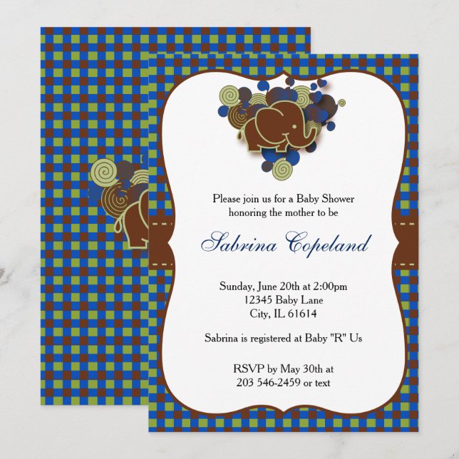 Invitación Elefante azul oscuro y marrón bebé| Baby Shower (Anverso / Reverso)