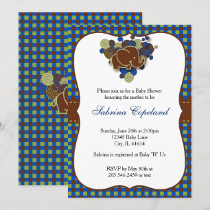 Invitación Elefante azul oscuro y marrón bebé  Baby Shower