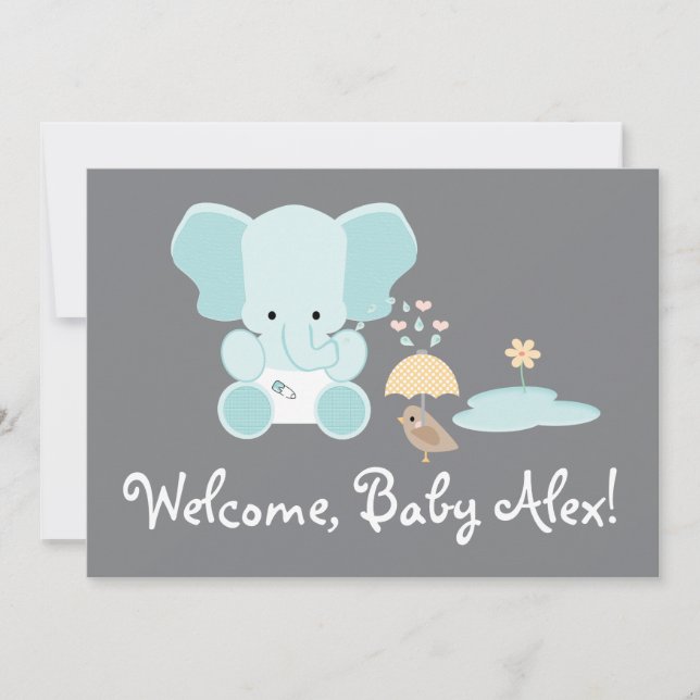 Invitación Elefante Azul Pequeño Bebé Bienvenida (Anverso)