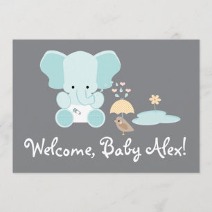 Invitación Elefante Azul Pequeño Bebé Bienvenida