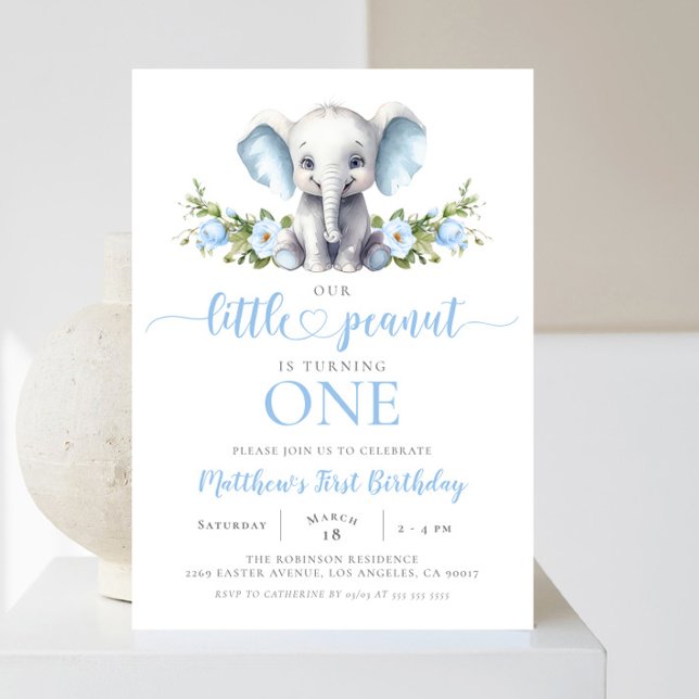 Invitación Elefante Azul Pequeño cacahuete Primer cumpleaños (Subido por el creador)
