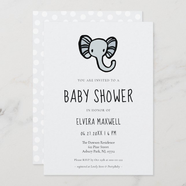 Invitación elefante azul personalizado lindo Ducha bebé (Anverso / Reverso)
