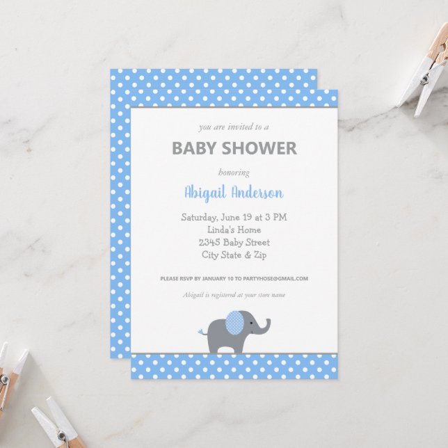 Invitación Elefante azul Polka Dot Baby Shower Inv (Anverso/Reverso In Situ)