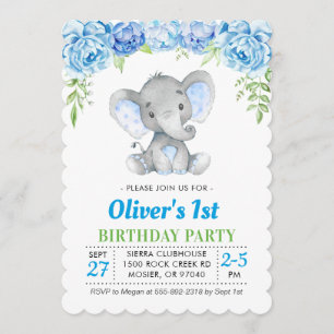 Invitación Elefante Azul Primer Fiesta de cumpleaños