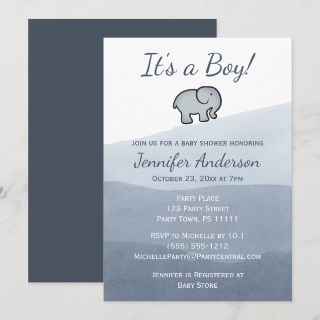 Invitación Elefante azul simple Watercolor Boy Baby Shower (Anverso / Reverso)