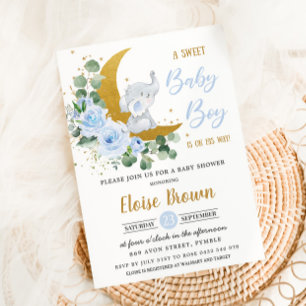 Invitación Elefante azul suave Floral Dulce Bebé Ducha
