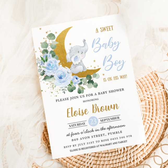 Invitación Elefante azul suave Floral Dulce Bebé Ducha (Subido por el creador)