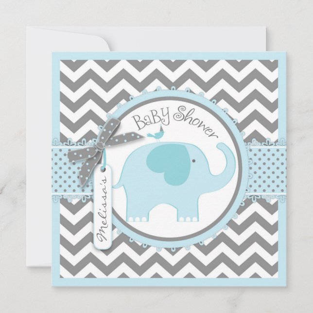 Invitación Elefante azul y Baby Shower impreso Chevron (Anverso)