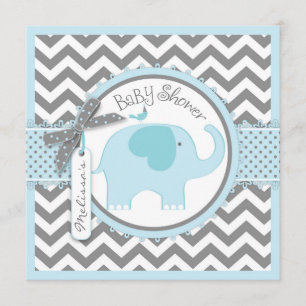 Invitación Elefante azul y Baby Shower impreso Chevron