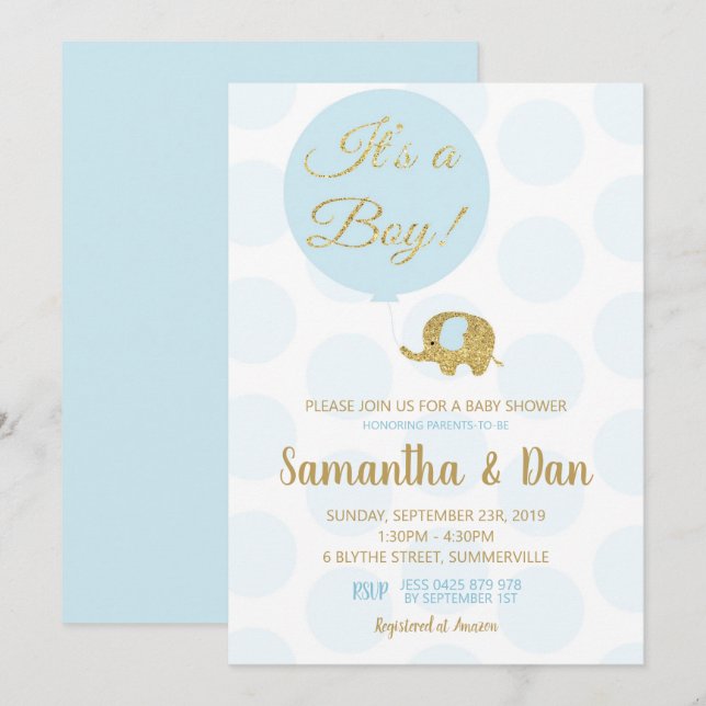 Invitación Elefante azul y dorado niño invitado a Baby Shower (Anverso / Reverso)