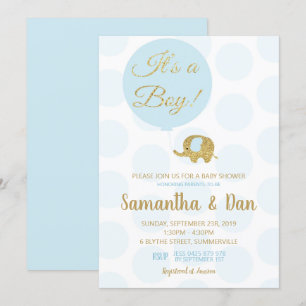 Invitación Elefante azul y dorado niño invitado a Baby Shower