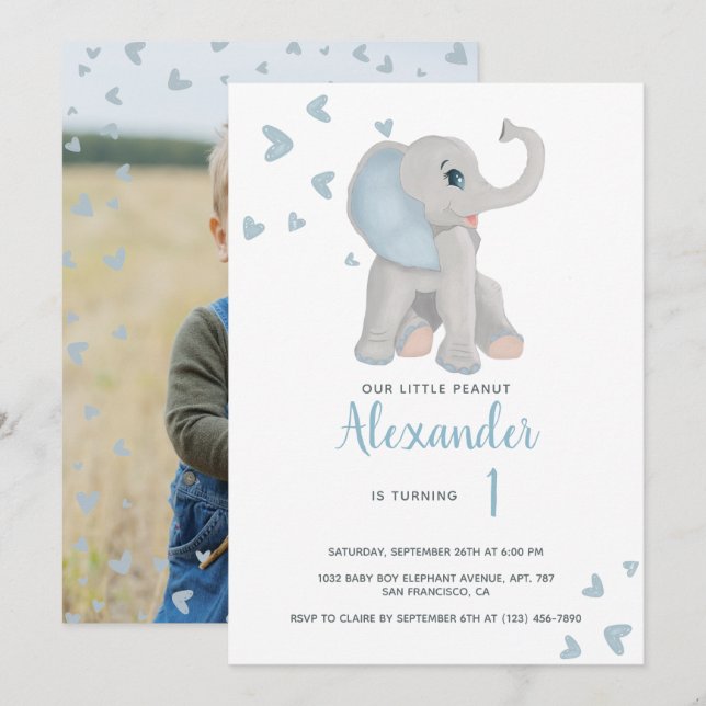 Invitación Elefante azul y gris bebé primer cumpleaños foto (Anverso / Reverso)