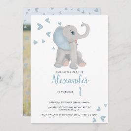 Invitación Elefante azul y gris bebé primer cumpleaños foto