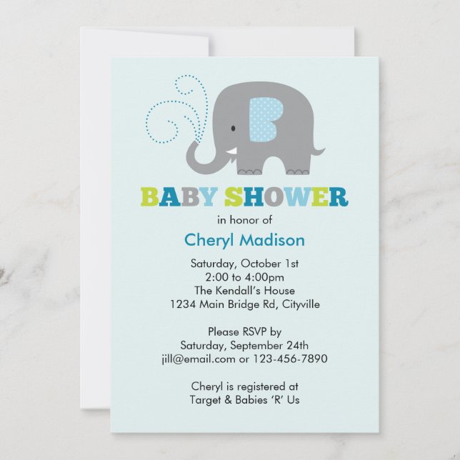 Invitación Elefante Baby Shower - azul (Anverso)