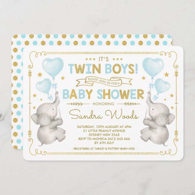 Invitación Elefante Baby Shower Blue Gold Jungle (Anverso / Reverso)