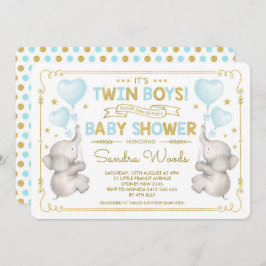 Invitación Elefante Baby Shower Blue Gold Jungle