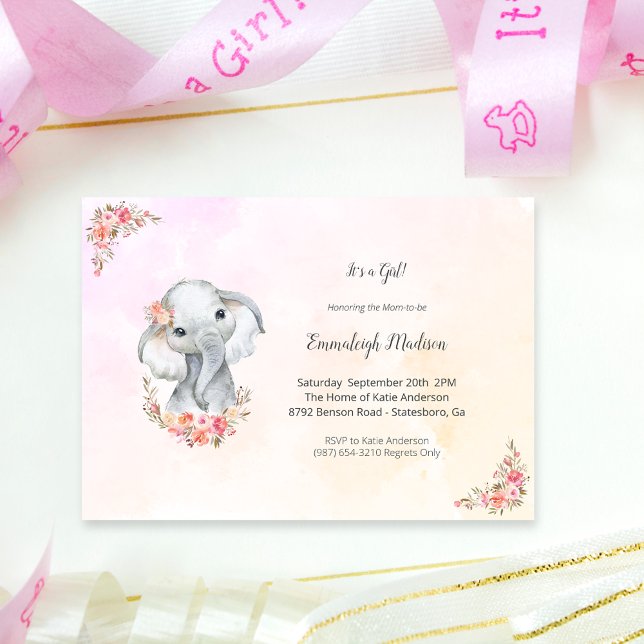 Invitación Elefante Baby Shower Boho Moda Coral acuarela (Subido por el creador)