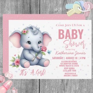 Invitación Elefante Baby Shower Chica rosa Jungle Safari