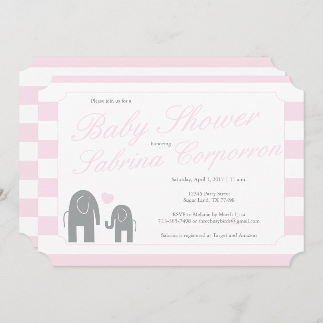 Invitación Elefante Baby Shower con franjas - rosa claro (Anverso / Reverso)