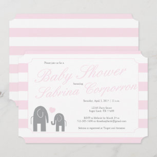 Invitación Elefante Baby Shower con franjas - rosa claro