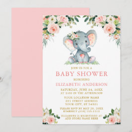 Invitación Elefante Baby Shower de color rosa floral dorado