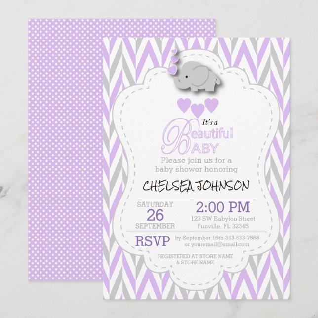 Invitación Elefante Baby Shower de la lavanda, blanco y gris (Anverso / Reverso)