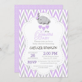 Invitación Elefante Baby Shower de la lavanda, blanco y gris