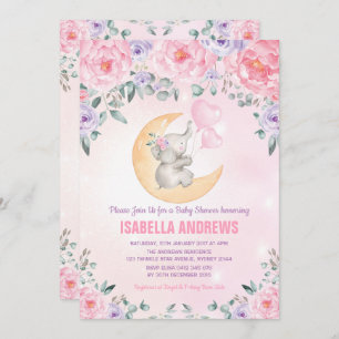 Invitación Elefante Baby Shower del chica/floral púrpura del