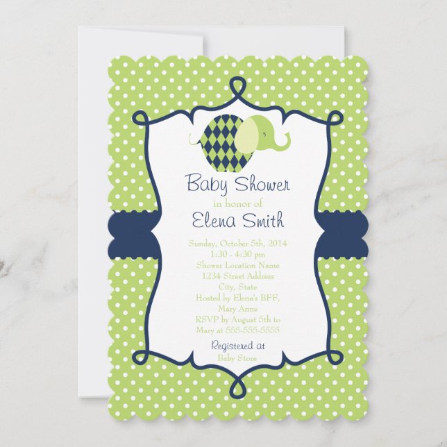 Invitación Elefante Baby Shower del lunar del azul y de la (Anverso)