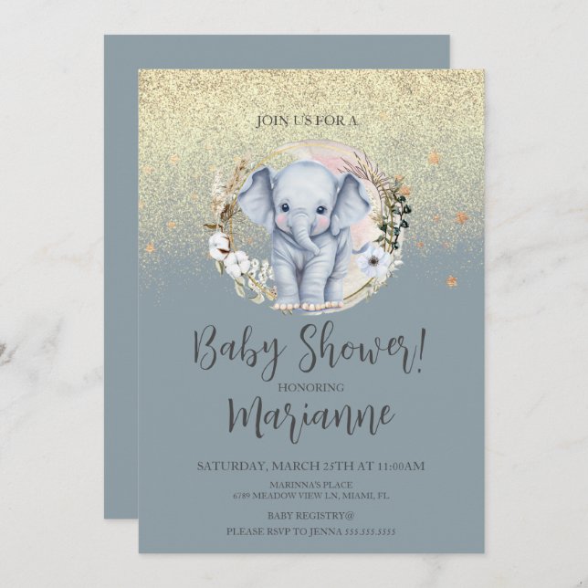 Invitación Elefante Baby Shower Faux Gold Purpurina Dusty Blu (Anverso / Reverso)
