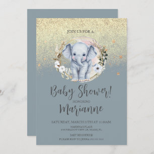 Invitación Elefante Baby Shower Faux Gold Purpurina Dusty Blu
