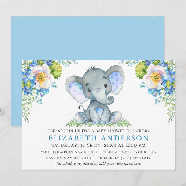 Invitación Elefante Baby Shower Floral azul acuático (Anverso / Reverso)