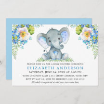 Elefante Baby Shower Floral azul acuático