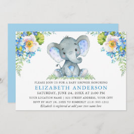 Invitación Elefante Baby Shower Floral azul acuático