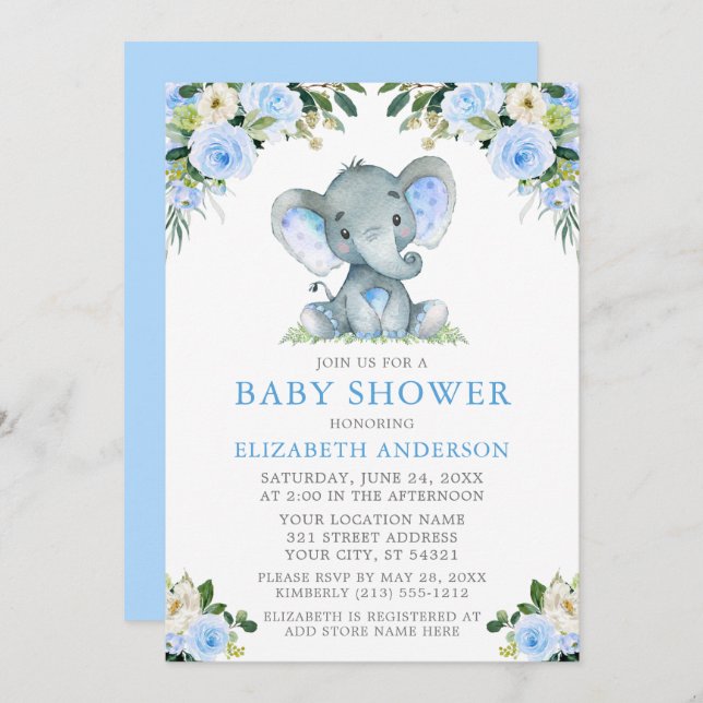 Invitación Elefante Baby Shower Floral azul acuático (Anverso / Reverso)