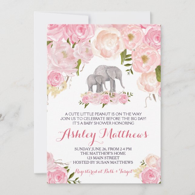 Invitación Elefante Baby Shower, floral rosa (Anverso)