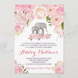Invitación Elefante Baby Shower, floral rosa